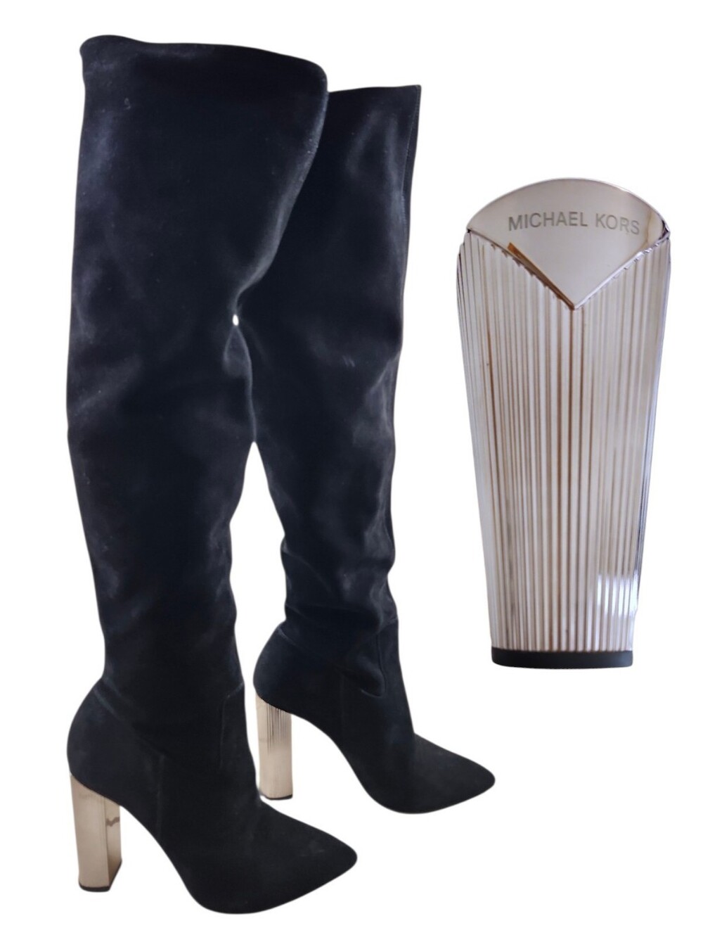 Michael Kors Paloma Black Suede Over the Knee Silver Heeled Tall Boots Women 6